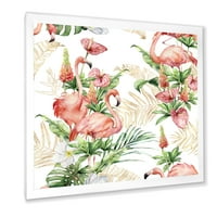 Designart' Tropical Flowers & Gold Leaves With Pink Flamingos ' Tradicionalni Uokvireni Umjetnički Print