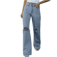 Mikilon Ženska moda Solid Boja traper pokets rupa casual patentne pantne pantne hlače ženske traper pantalone