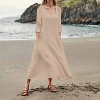 Ženska dužina gležnja Dugi rukav modni A-Line čvrsti V-izrez ljetna haljina kaki m