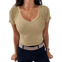 Ljetne bluze za žene Žene V vrat rebraste pripijene uske majice kratkih rukava Osnovni pleteni Top
