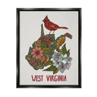 Stupell Industries West Virginia State Cardinal Detaljni detaljni cvjetni uzorak Grafički umjetnički jet crni plutajući uokvireni platneni ispis zidne umjetnosti, dizajn valentine Harper