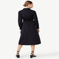 Scoop ženski bočni čvor Poplin Midi košulja haljina sa dugim rukavima, veličine XS-XXL