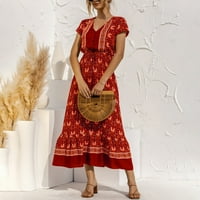 Ljetne haljine za žene kratke rukave Lace Loose srednje dužine a-Line Date V-izrez haljina crvena s