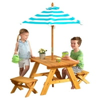 Kidkraft vanjski drveni stol i set klupa, prugasti kišobran, tirkizni i bijeli, za uzraste 3+