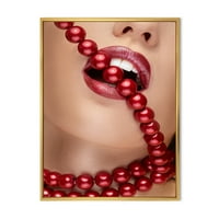 Designart 'Djevojka Usta Sa Crvenim Ružem Grize Crvene Bisere' Moderni Uokvireni Platnu Zid Art Print