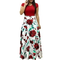 Haljine za žene Casual cvjetni Print Maxi haljine kratki rukavi dugi labavi s džepovima, Red XL