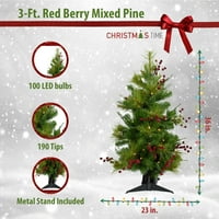 Božić 3-Ft. Prelit crveno bobičasto mješovito Borovo Akcentno Drvo, topla bijela LED svjetla, Set od 2,