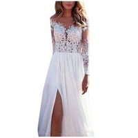 Bicoasu Clearence ženski V-izrez dugih rukava A-line pune čipke Ljeto šifon maxi haljine bijeli l