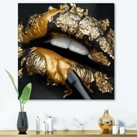 PROIZVODNJENJE 'Ženske usne sa crnom kožom i zlatnom folijom' Moderna platna na zidnom umjetničkom tisku