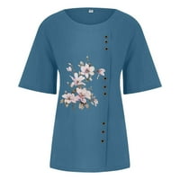 Plus veličine za žene gumb cvjetni ispis O-izrez kratkih rukava T-kratka bluza, plavi xxl