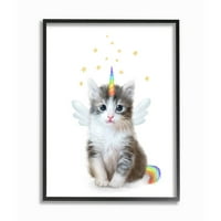 Stupell Industries Unicorn mačiće Fantasy Feline Rainbow Dizajn rogova uokviren zidni umjetnički dizajn