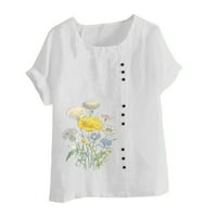 Ženski kratki rukavi laneni cvjetovi okrugli vrat elegantni Tee Button Down Loose Fit ljetne bluze za