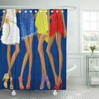 Duge noge četiri šik djevojke odjevene u večernje haljine i cipele na Stiletto tuš zavjesu za kupatilo