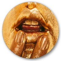 Designart 'Close Up of Female Lips With Bright Golden Makeup i' Modern Circle Metal Wall Art-disk of 23
